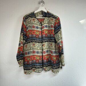 Mizpah Womens Floral Silk Blend Button Down Long Sleeve Shirt Top Multicolor